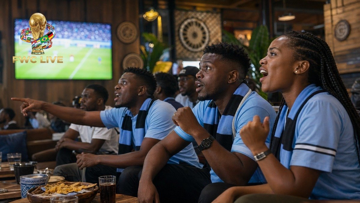 Botswana football fans watching FIFA World Cup 2026 coverage in a Gaborone sports cafe