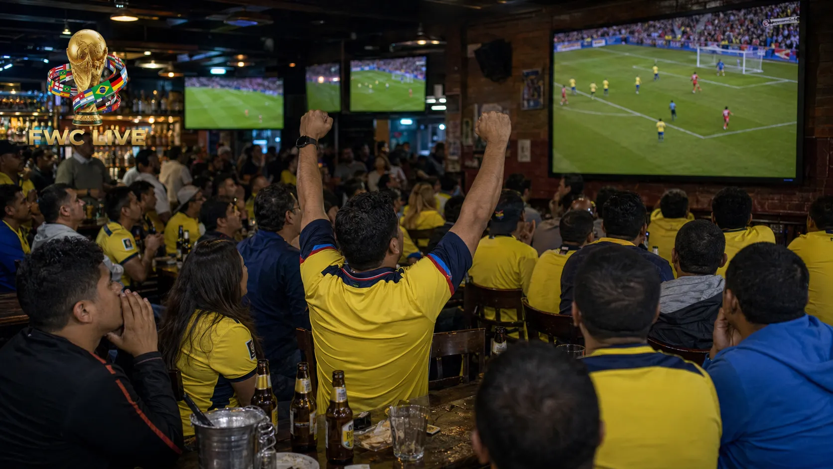 Ecuador football fans watching FIFA World Cup 2026 coverage in a Quito sports bar