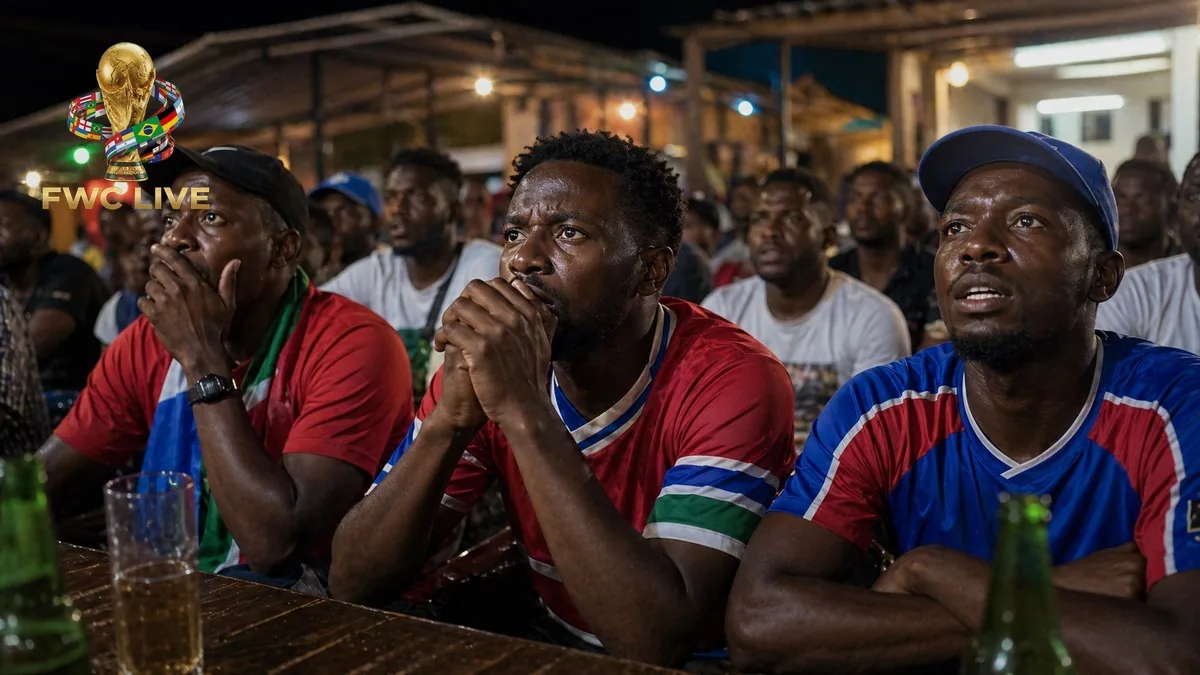 Gambia football fans watching FIFA World Cup 2026 coverage in a Banjul cafe