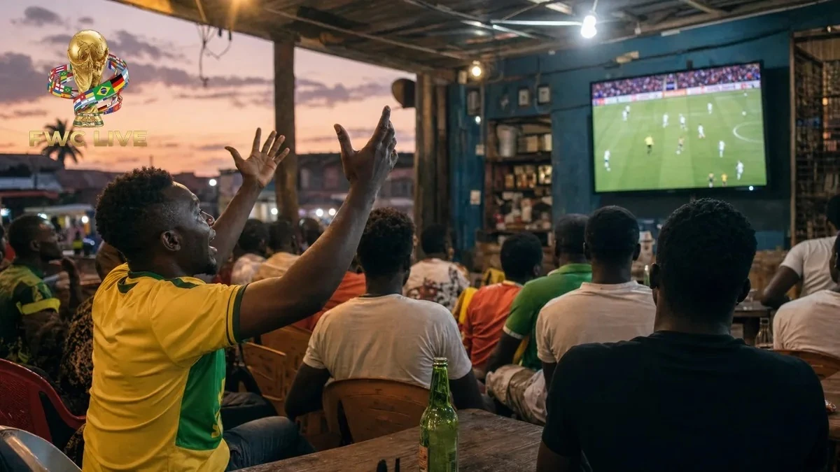 Ghana football fans watching FIFA World Cup 2026 coverage in an Accra cafe
