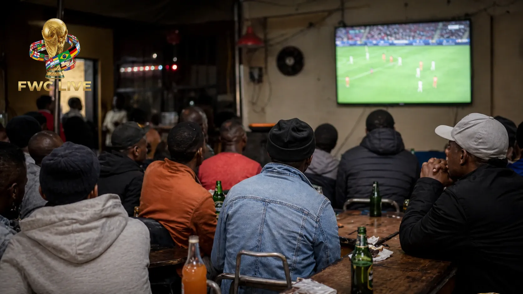 Lesotho football fans watching FIFA World Cup 2026 coverage in a Maseru cafe