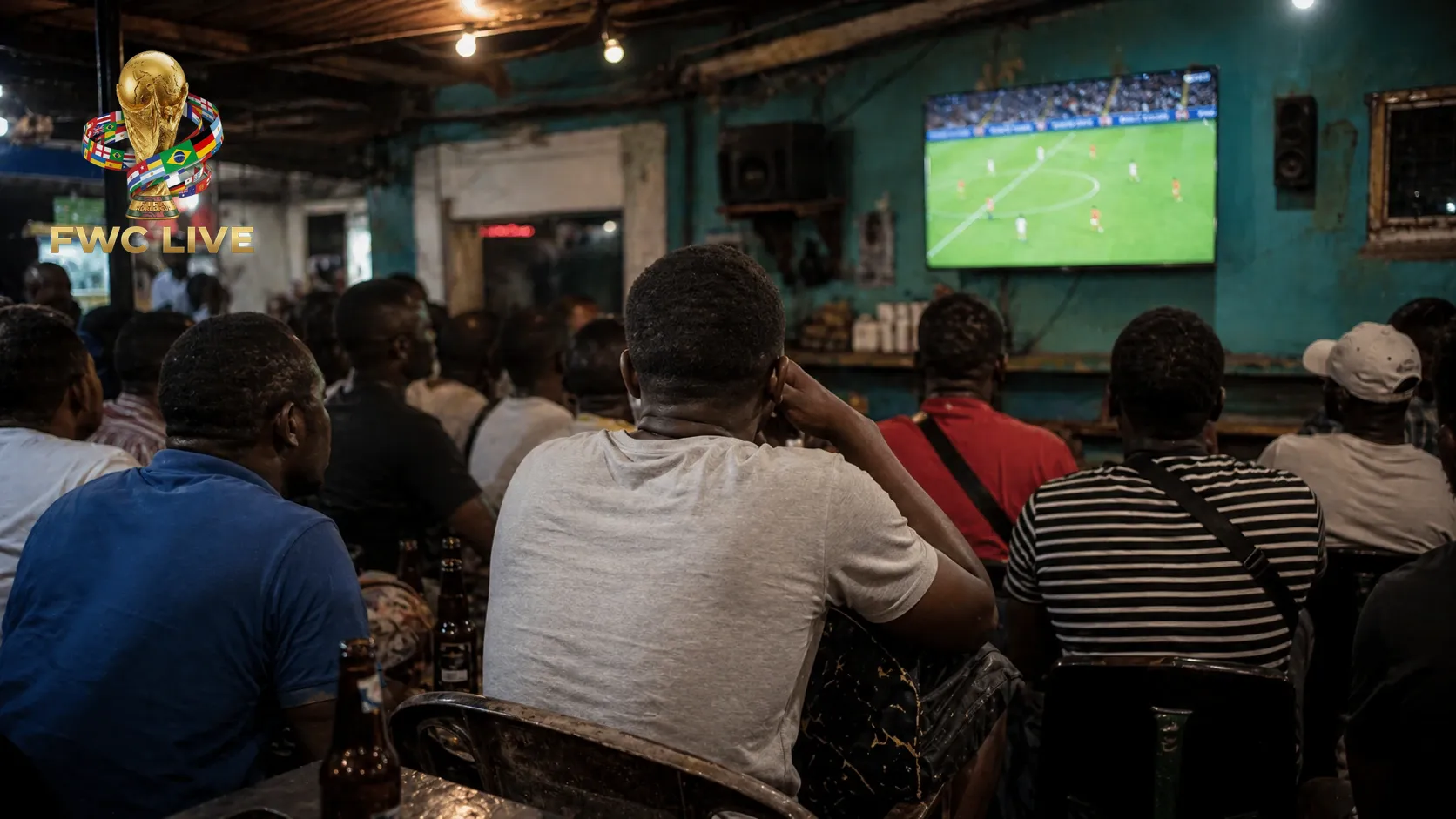Liberia football fans watching FIFA World Cup 2026 coverage in a Monrovia cafe