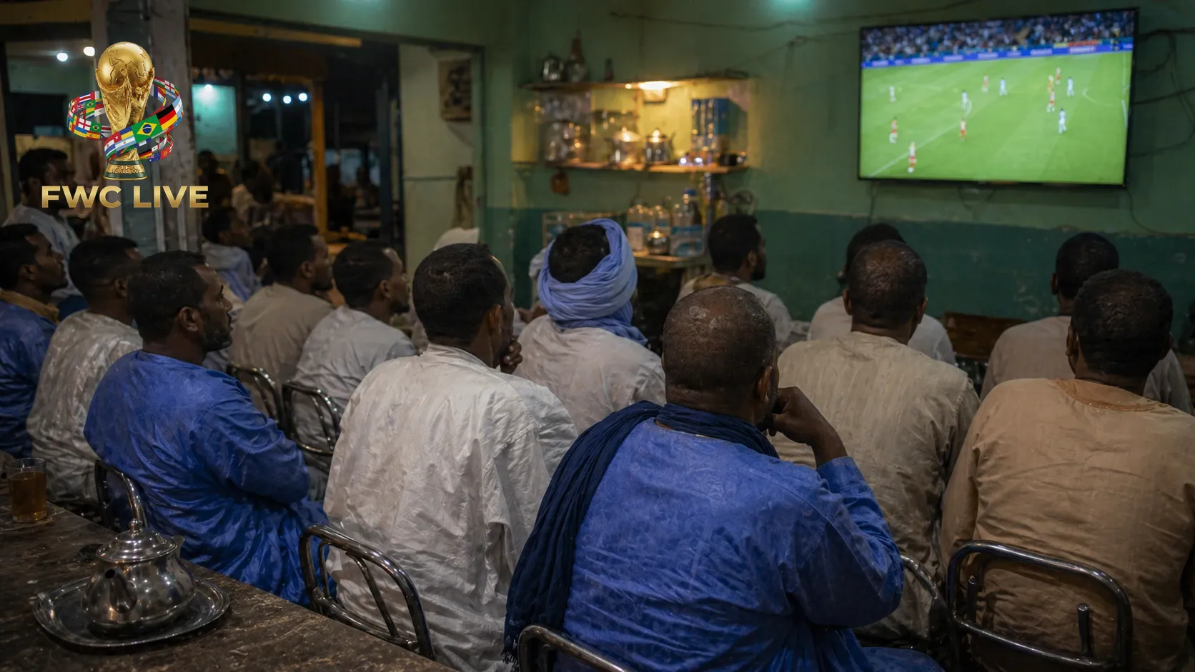 Mauritania football fans watching FIFA World Cup 2026 coverage in a Nouakchott cafe