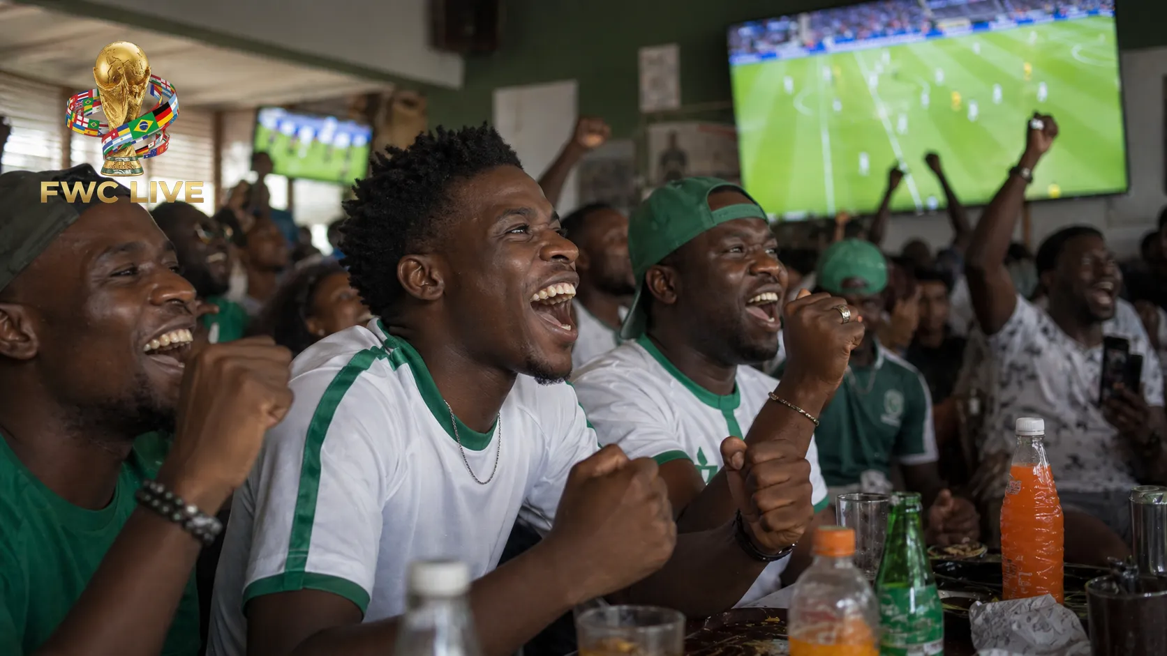 Senegal football fans watching FIFA World Cup 2026 coverage in a Dakar cafe