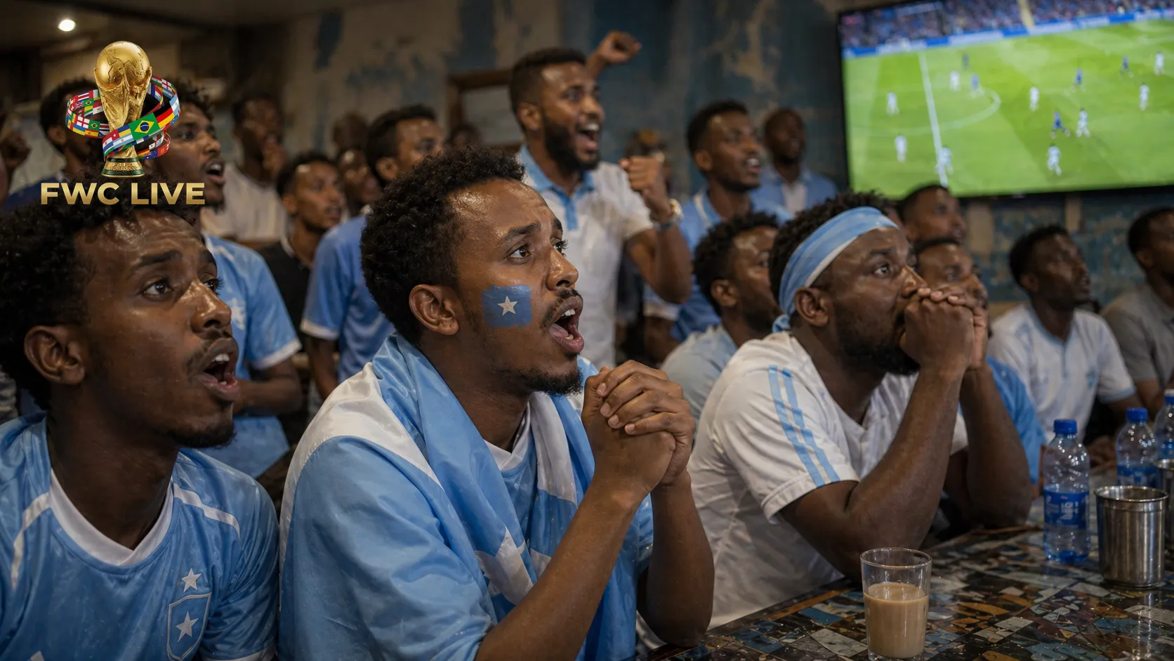 Somalia football fans watching FIFA World Cup 2026 coverage in a Mogadishu cafe